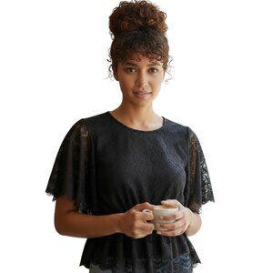 Old Navy Blouse Womens XS Black Sheer Peplum Lace Trim Flare Sleeve Party Top